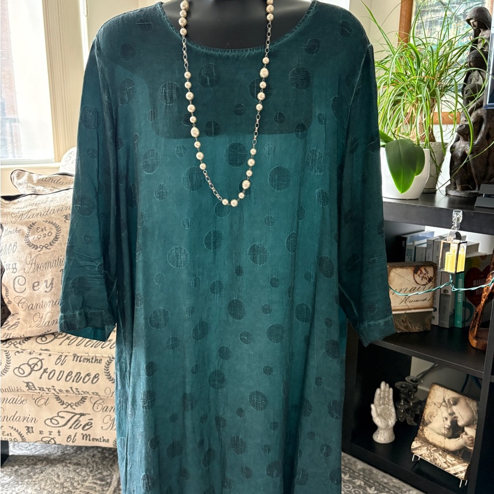 Grizas Dark Teal Silk Long Sleeve Tunic Dress with Button Detail Back XXL